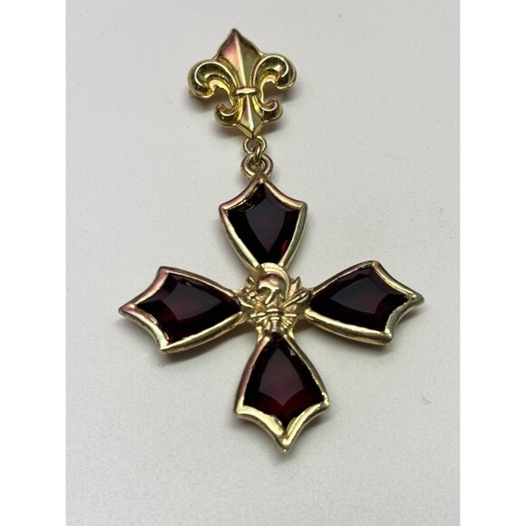 Vintage Accessocraft NYC Red glass Maltese cross brooch pin pendant - Picture 3 of 5